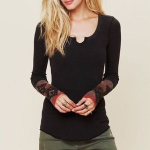 Free People Black Fitted Cuff Knit Henley Size XS